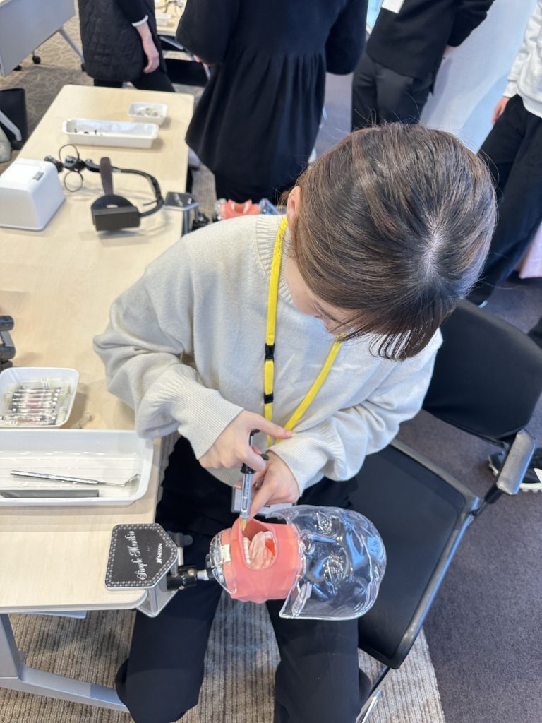 実習用マネキンを使って局所麻酔の手技を練習する歯科衛生士